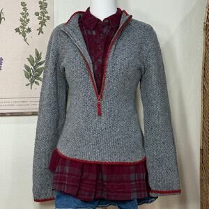 Y2k Gray Red Hand Crochet 1/2 Zip Pullover Sweater Grandma Cabincore Cottage M